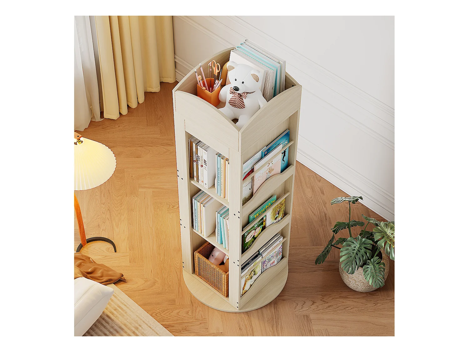 Bücherregal 63x41x142 cm - 360° Drehung - Bilderbuchregal - Obere Ablage - Natur
