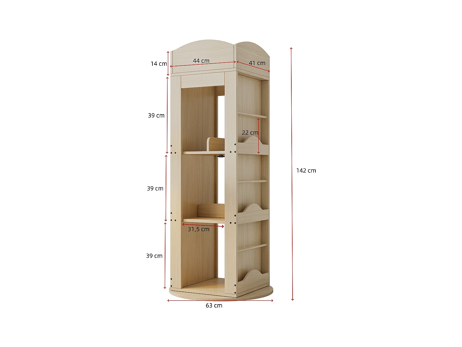 Bücherregal 63x41x142 cm - 360° Drehung - Bilderbuchregal - Obere Ablage - Natur