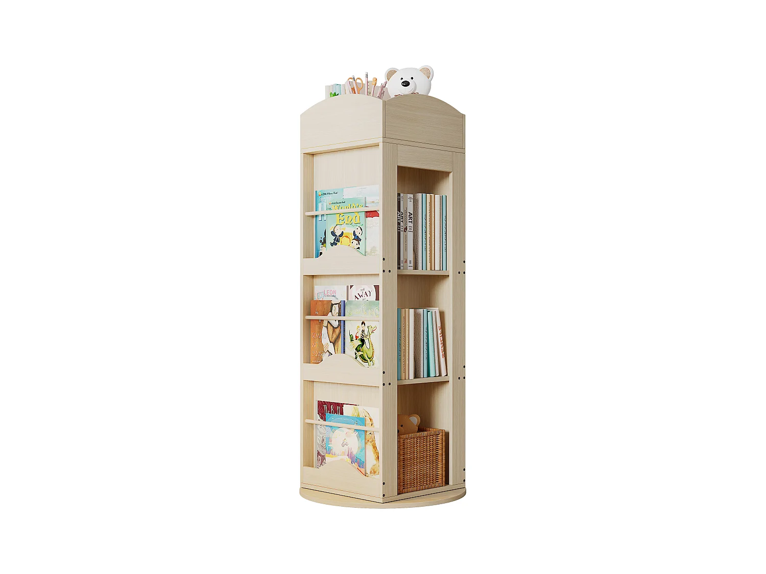 Bücherregal 63x41x142 cm - 360° Drehung - Bilderbuchregal - Obere Ablage - Natur