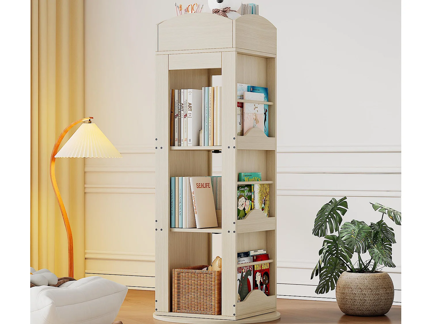 Regał 63x41x142 cm - Obracanie 360° - Półka na książki obrazkowe - Górna przechowalnia - Naturalny