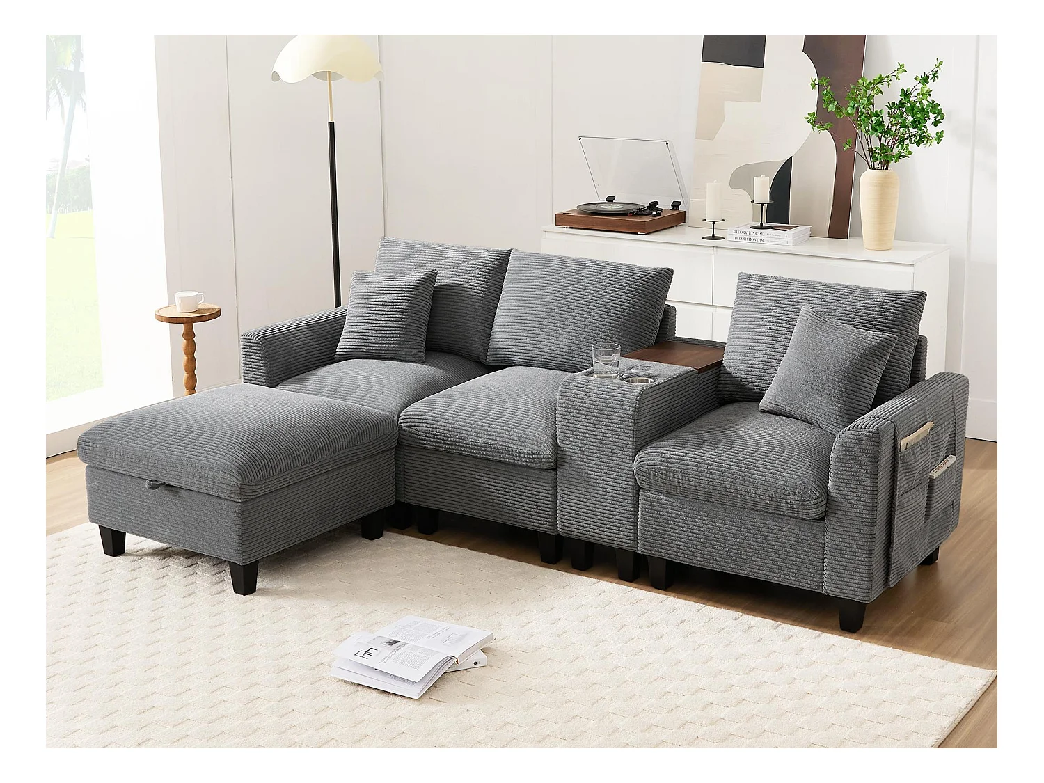 Canapé moderne - avec console - 2 porte-gobelets - port de chargement USB - poches de rangement sur les accoudoirs - avec coussins - gris