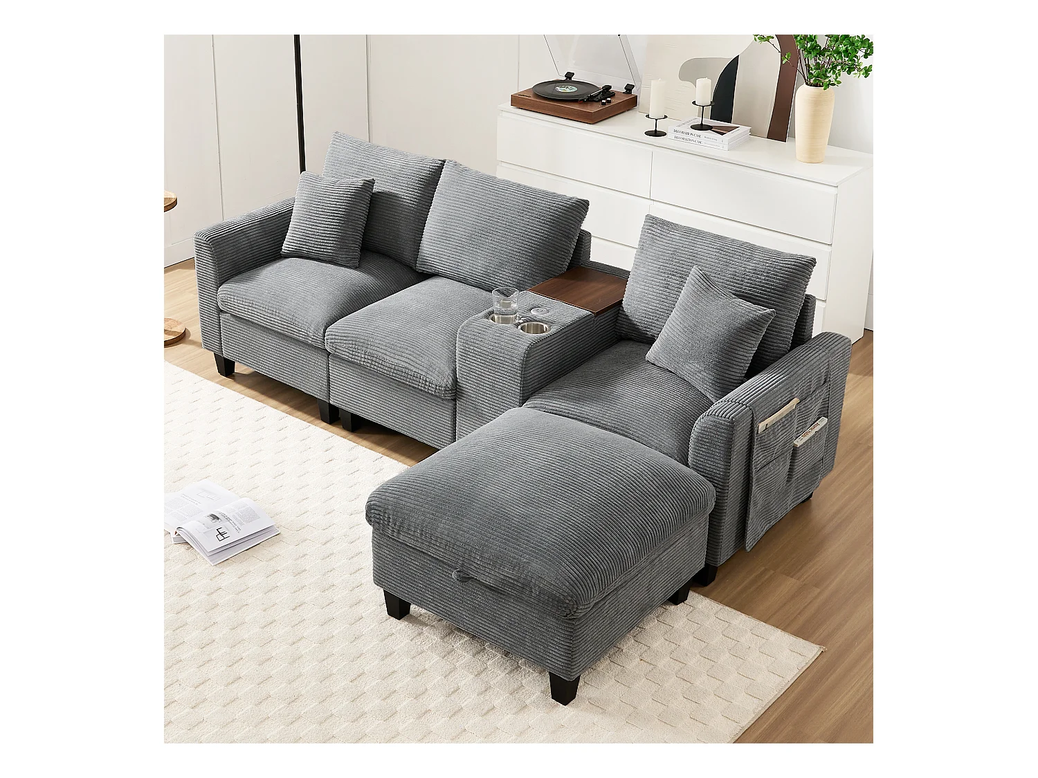 Canapé moderne - avec console - 2 porte-gobelets - port de chargement USB - poches de rangement sur les accoudoirs - avec coussins - gris