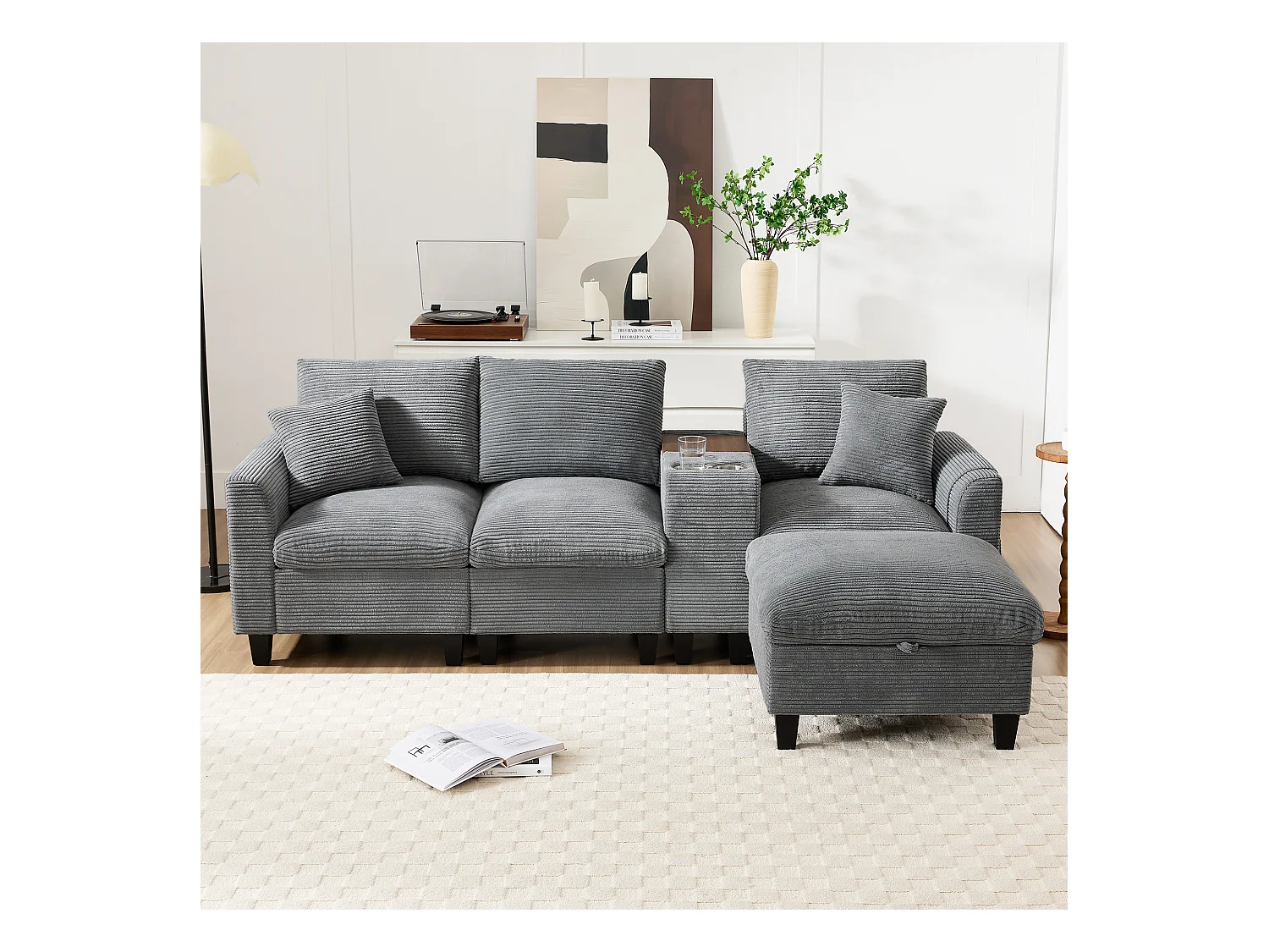 Canapé moderne - avec console - 2 porte-gobelets - port de chargement USB - poches de rangement sur les accoudoirs - avec coussins - gris