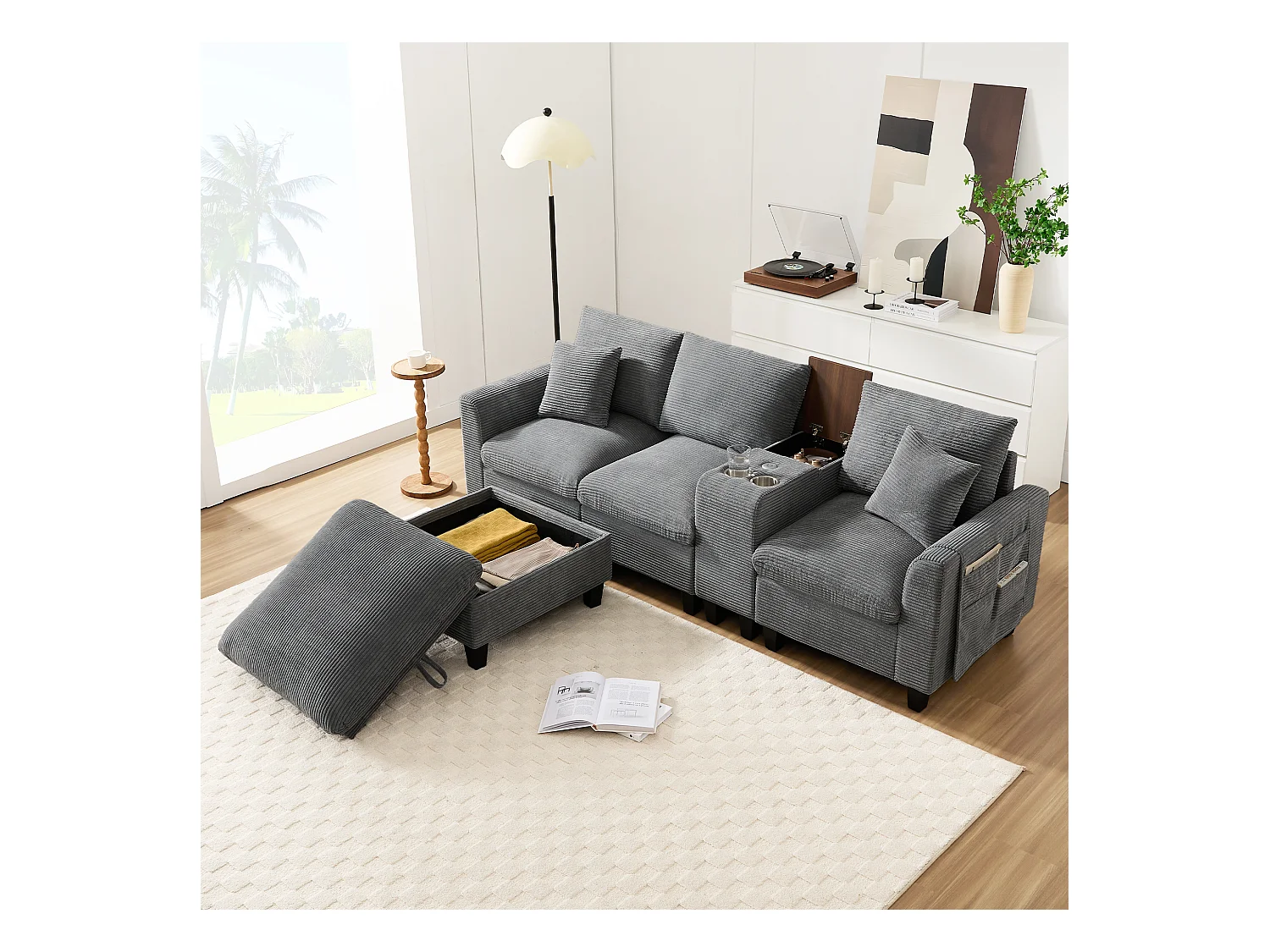 Canapé moderne - avec console - 2 porte-gobelets - port de chargement USB - poches de rangement sur les accoudoirs - avec coussins - gris