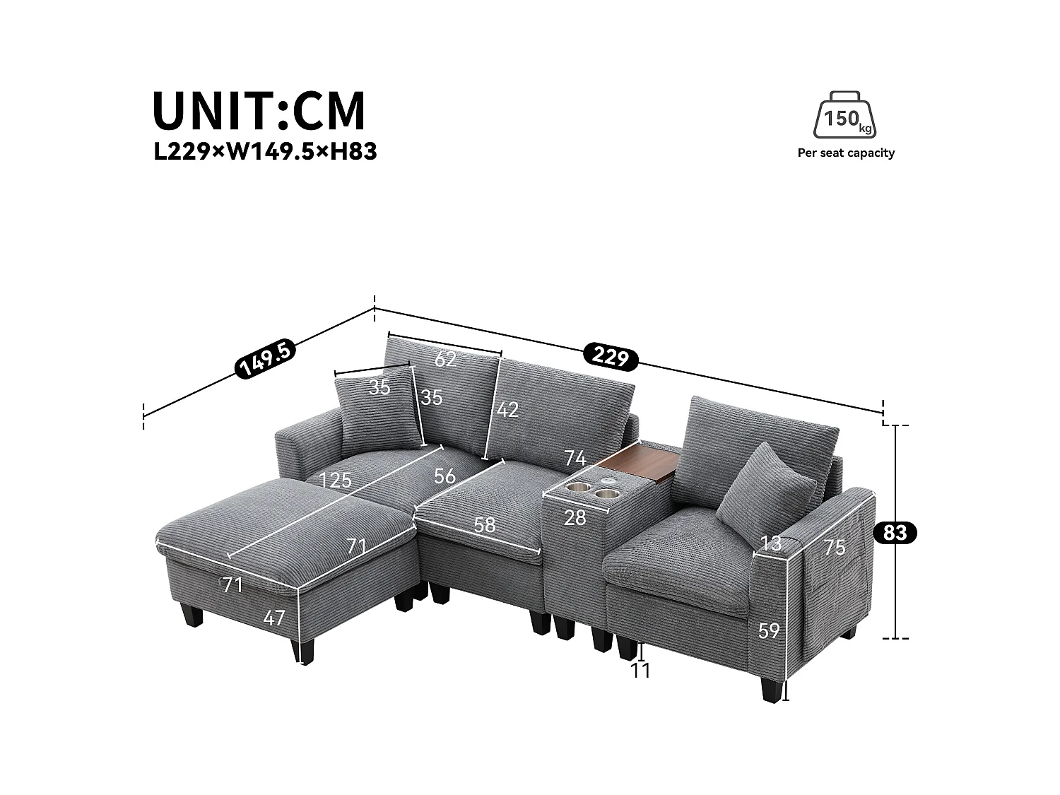 Canapé moderne - avec console - 2 porte-gobelets - port de chargement USB - poches de rangement sur les accoudoirs - avec coussins - gris