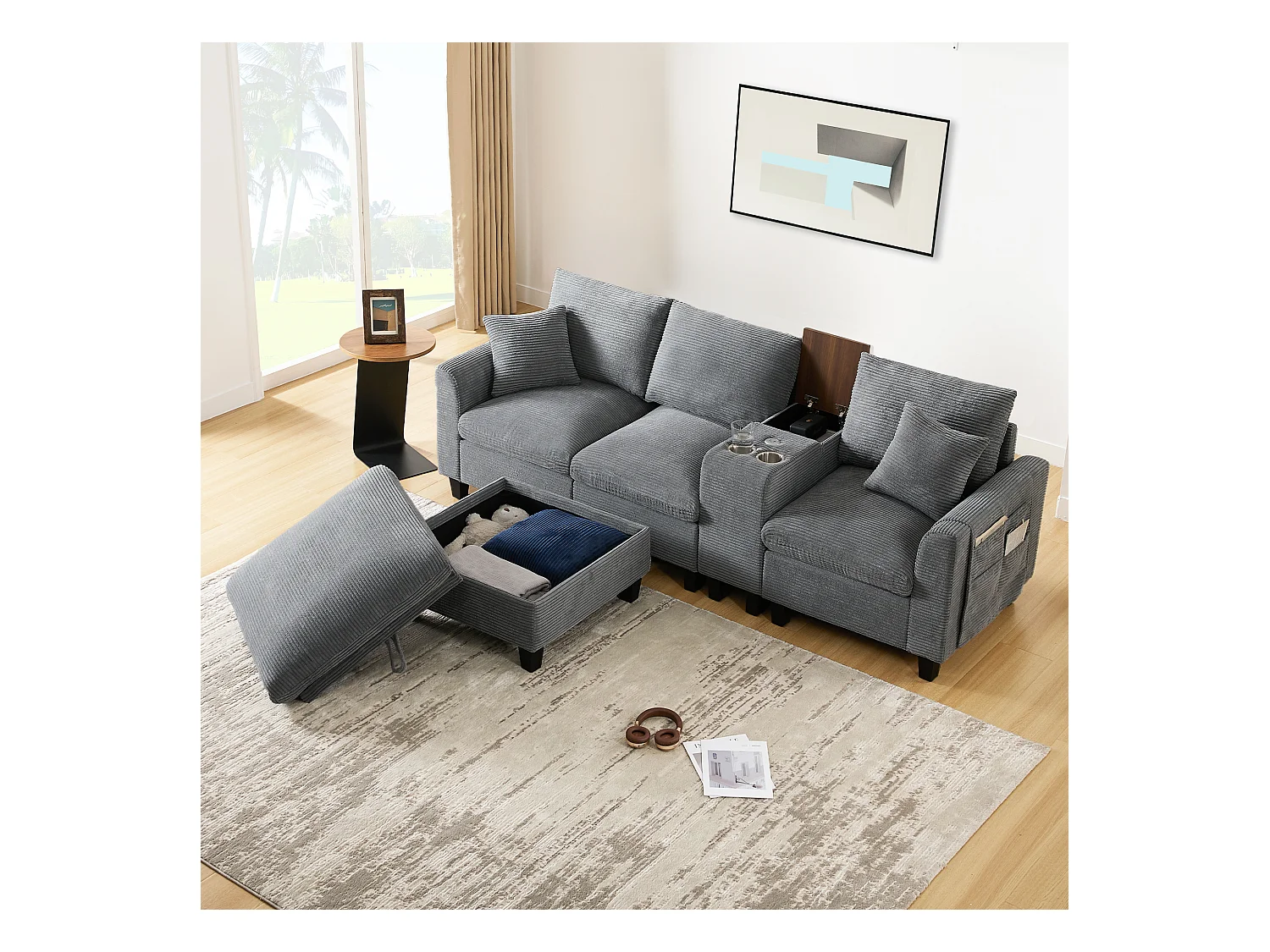 Canapé moderne - avec console - 2 porte-gobelets - port de chargement USB - poches de rangement sur les accoudoirs - avec coussins - gris