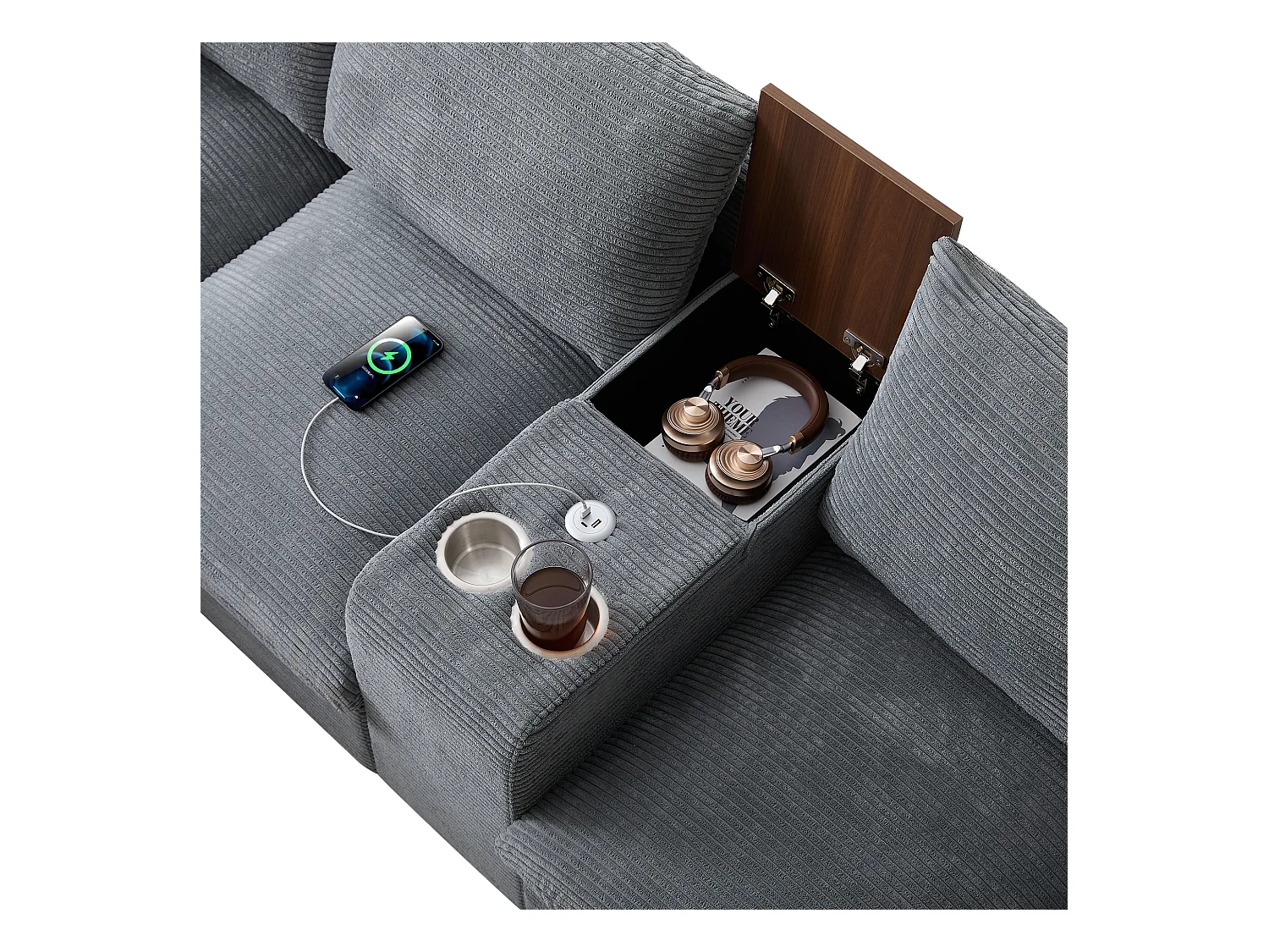 Canapé moderne - avec console - 2 porte-gobelets - port de chargement USB - poches de rangement sur les accoudoirs - avec coussins - gris