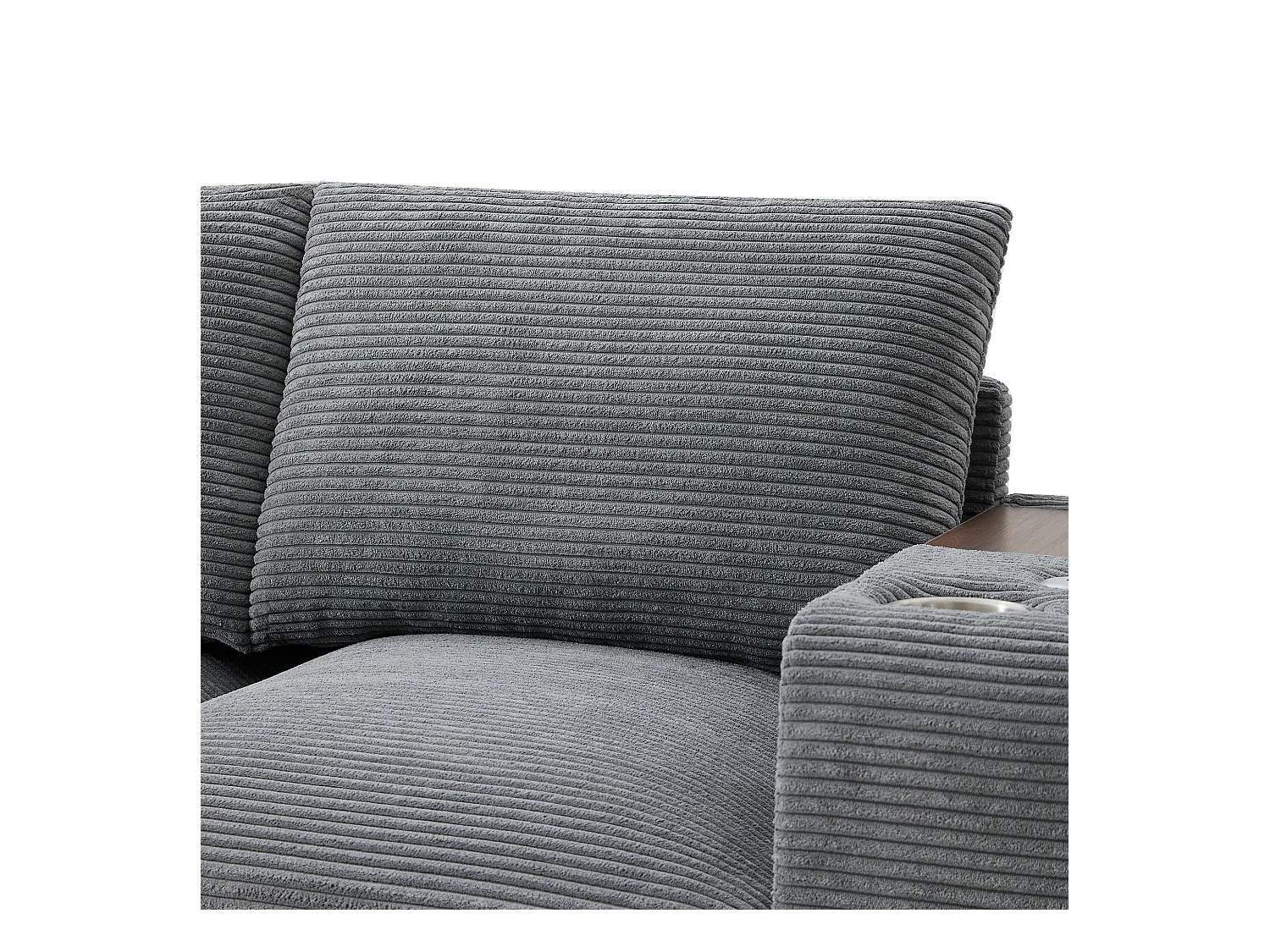 Canapé moderne - avec console - 2 porte-gobelets - port de chargement USB - poches de rangement sur les accoudoirs - avec coussins - gris