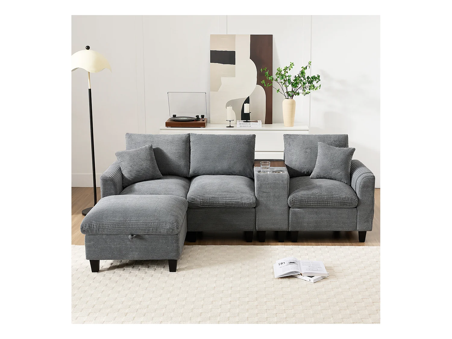 Modernes Sofa - mit Konsole - 2 Getränkehalter - USB-Ladeanschluss - Stauftaschen an den Armlehnen - mit Kissen - grau