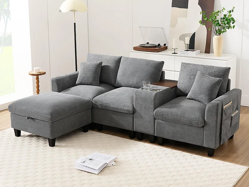 Canapé moderne - avec console - 2 porte-gobelets - port de chargement USB - poches de rangement sur les accoudoirs - avec coussins - gris