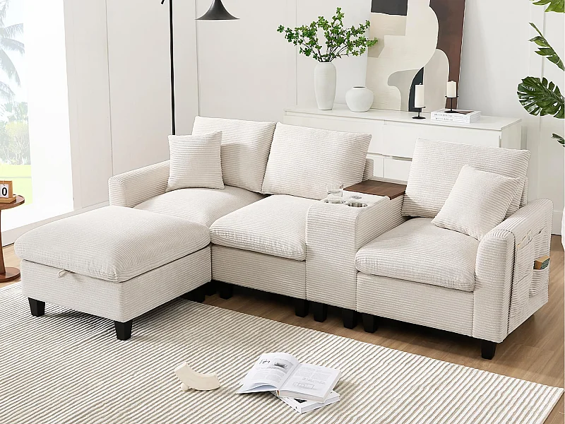 Modernes Sofa - mit Konsole - 2 Getränkehalter - USB-Ladeanschluss - Stauftaschen an den Armlehnen - mit Kissen - beige