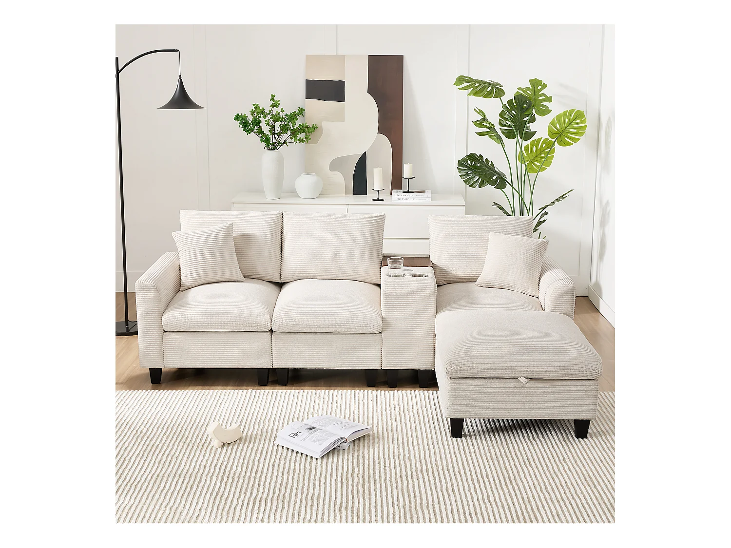 Modernes Sofa - mit Konsole - 2 Getränkehalter - USB-Ladeanschluss - Stauftaschen an den Armlehnen - mit Kissen - beige