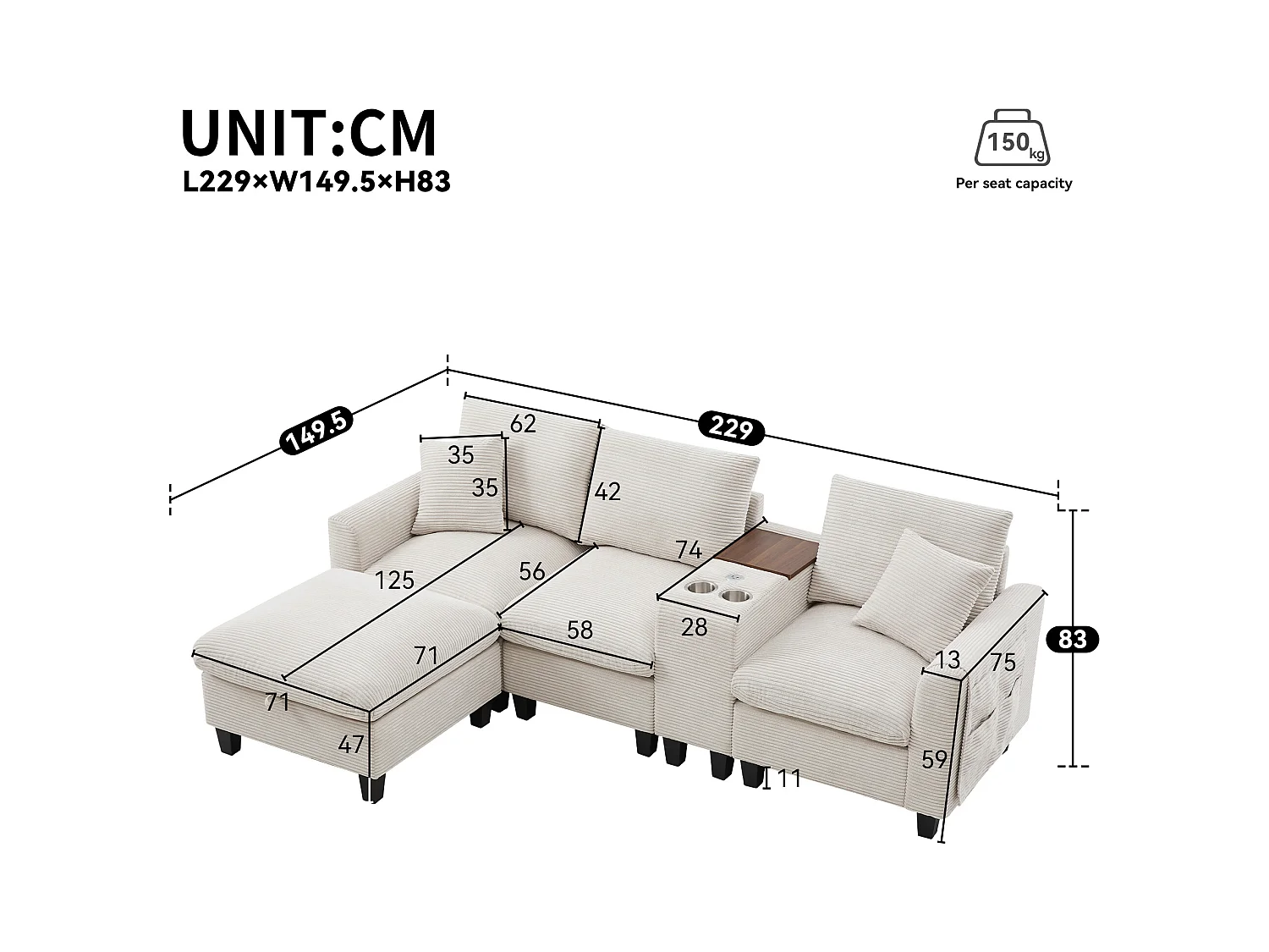 Modernes Sofa - mit Konsole - 2 Getränkehalter - USB-Ladeanschluss - Stauftaschen an den Armlehnen - mit Kissen - beige