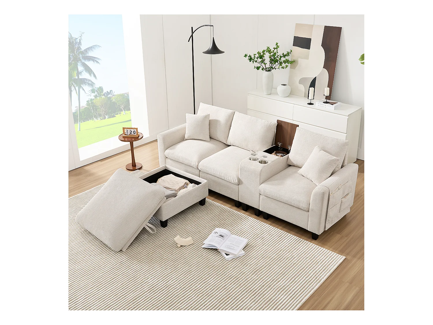 Sofá moderno - com console - 2 porta-copos - porta de carregamento USB - bolsos de armazenamento nos braços - com almofadas - bege