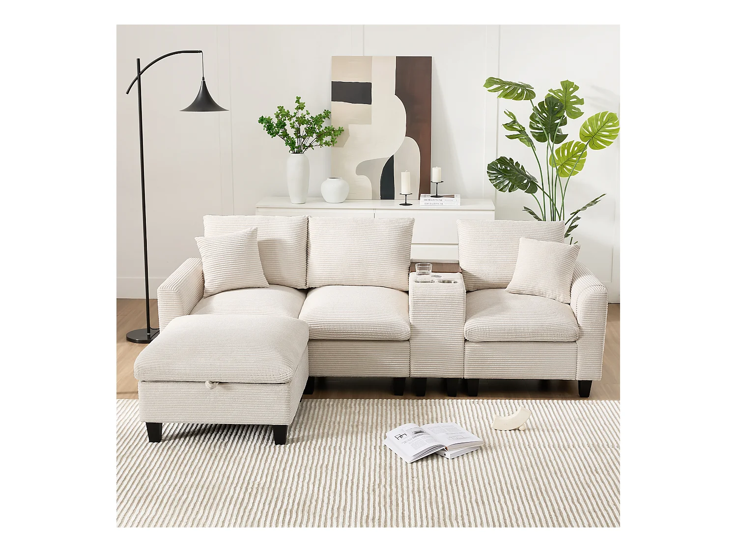 Sofá moderno - com console - 2 porta-copos - porta de carregamento USB - bolsos de armazenamento nos braços - com almofadas - bege