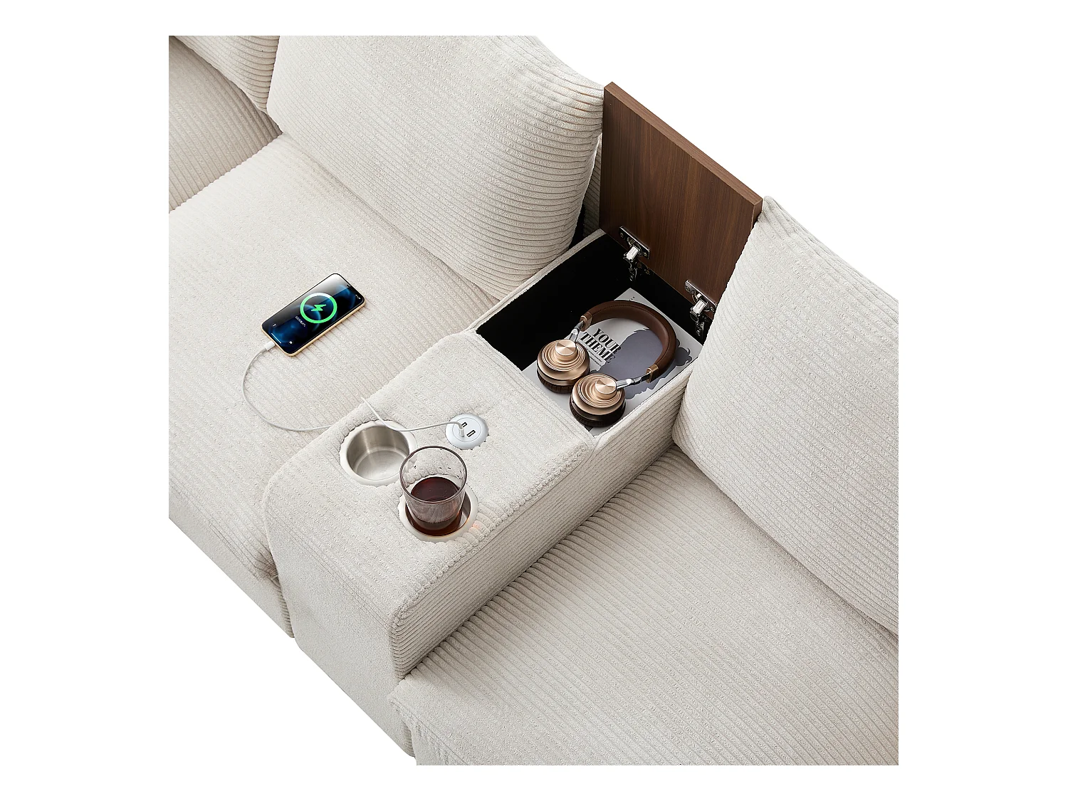 Sofá moderno - com console - 2 porta-copos - porta de carregamento USB - bolsos de armazenamento nos braços - com almofadas - bege