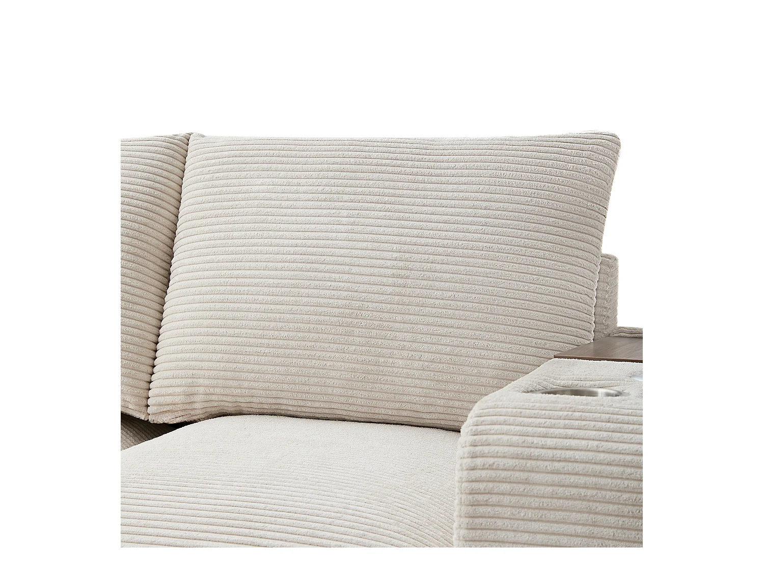 Sofá moderno - com console - 2 porta-copos - porta de carregamento USB - bolsos de armazenamento nos braços - com almofadas - bege