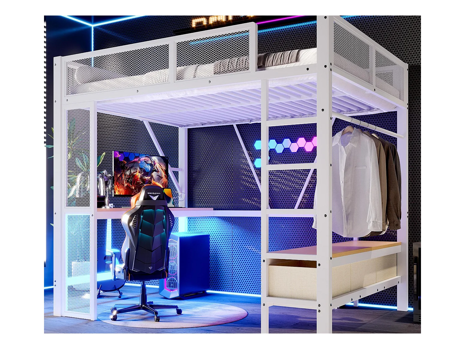 Lit mezzanine en métal 140x200 cm - avec LED et port USB - Bureau et tringle à vêtement - avec 3 tiroirs - Blanc (matelas non inclus)