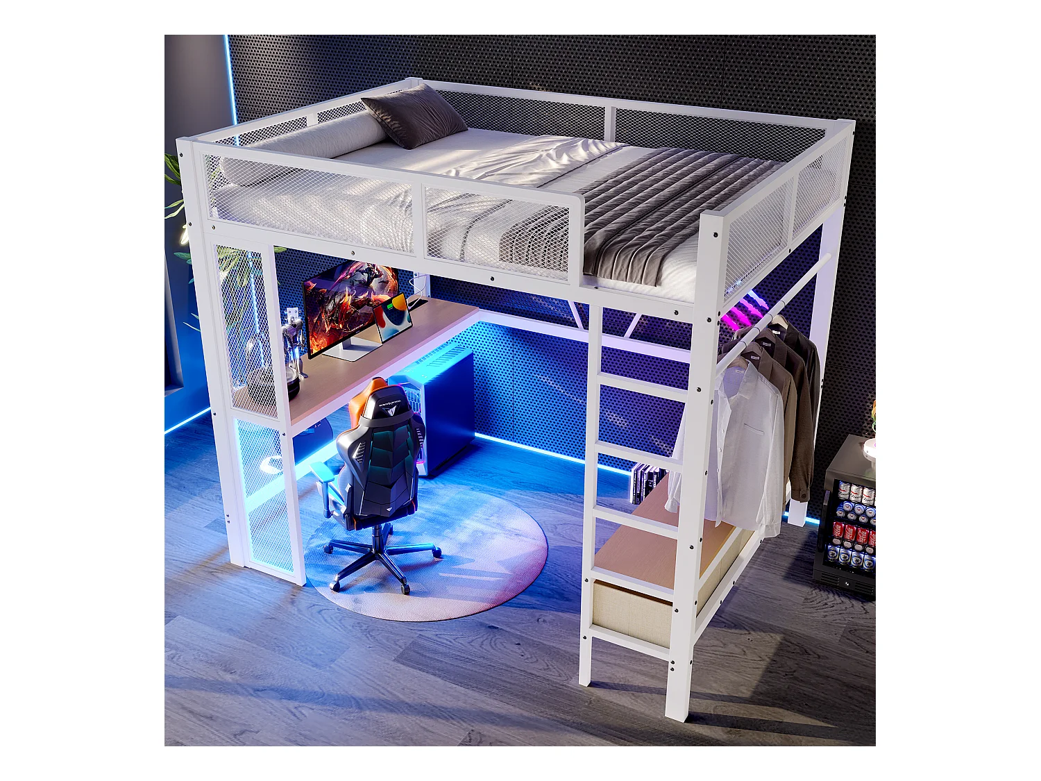 Lit mezzanine en métal 140x200 cm - avec LED et port USB - Bureau et tringle à vêtement - avec 3 tiroirs - Blanc (matelas non inclus)