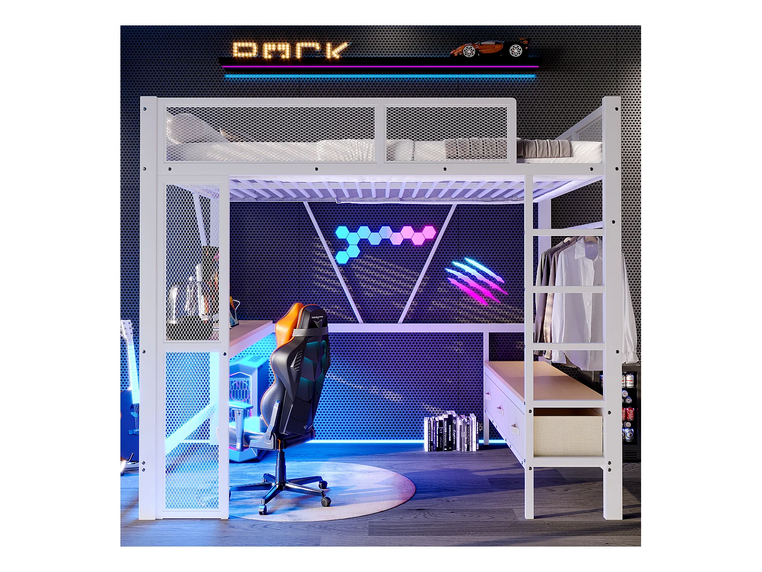 Lit mezzanine en métal 140x200 cm - avec LED et port USB - Bureau et tringle à vêtement - avec 3 tiroirs - Blanc (matelas non inclus)
