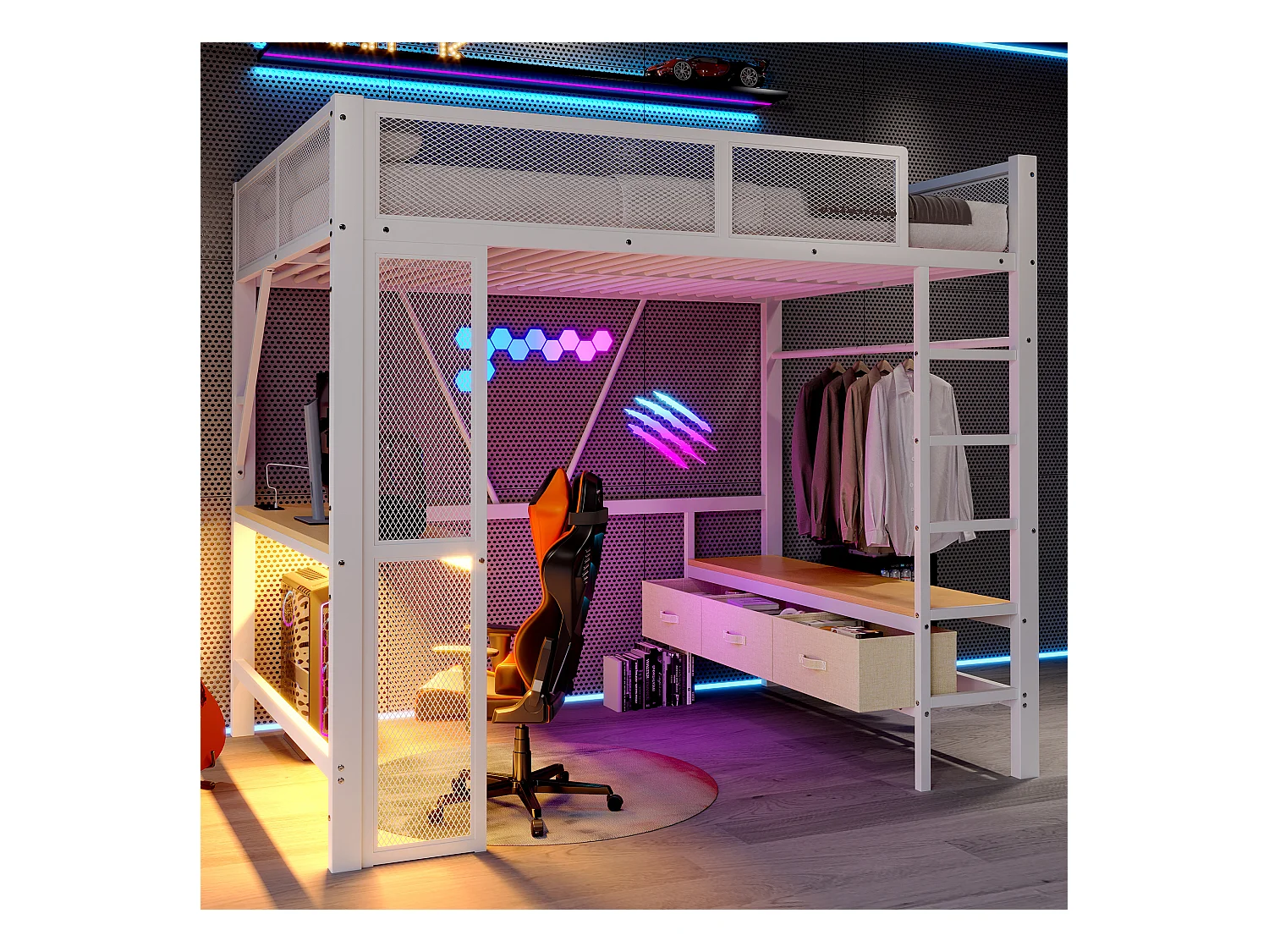 Lit mezzanine en métal 140x200 cm - avec LED et port USB - Bureau et tringle à vêtement - avec 3 tiroirs - Blanc (matelas non inclus)