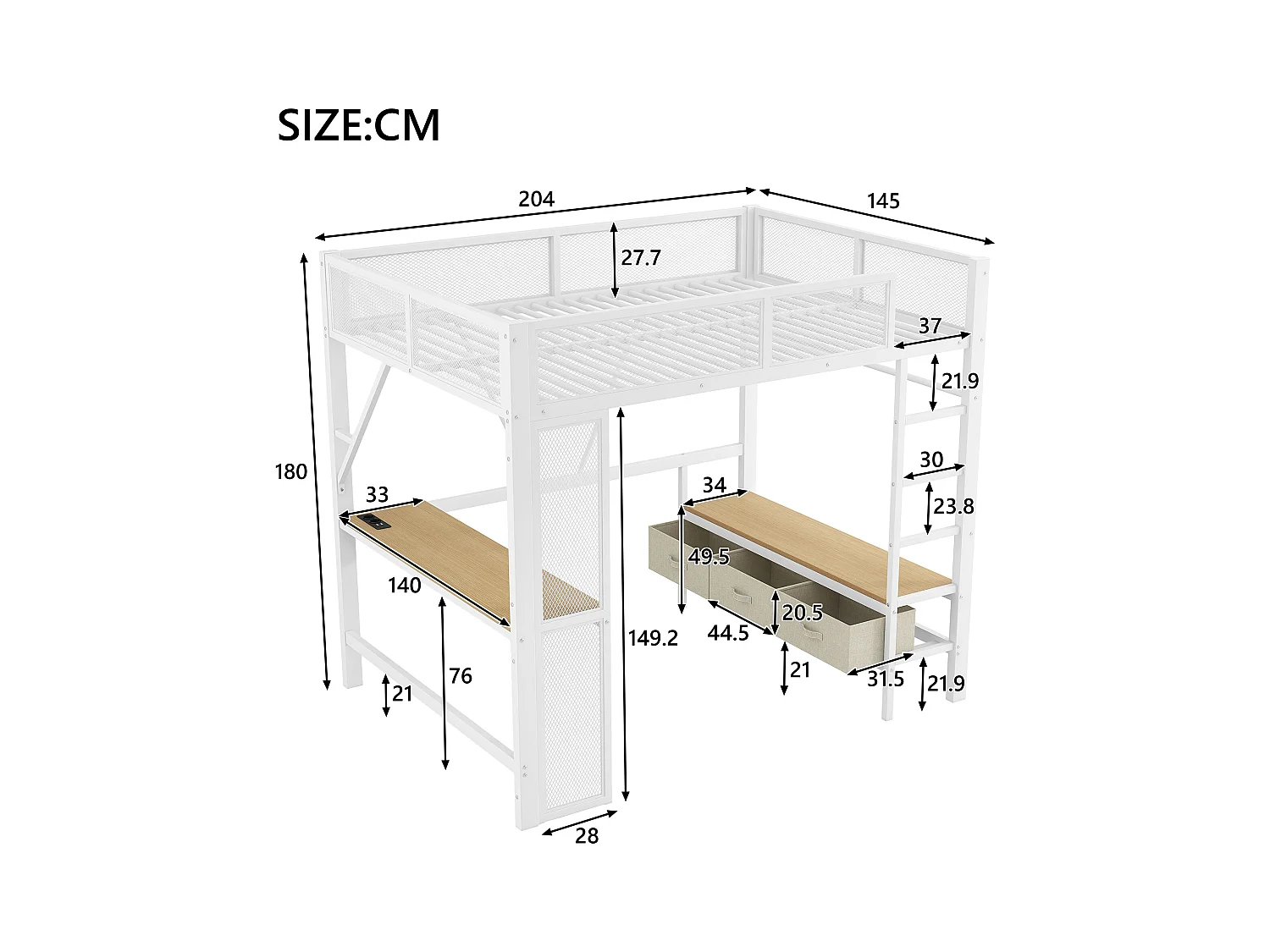 Lit mezzanine en métal 140x200 cm - avec LED et port USB - Bureau et tringle à vêtement - avec 3 tiroirs - Blanc (matelas non inclus)