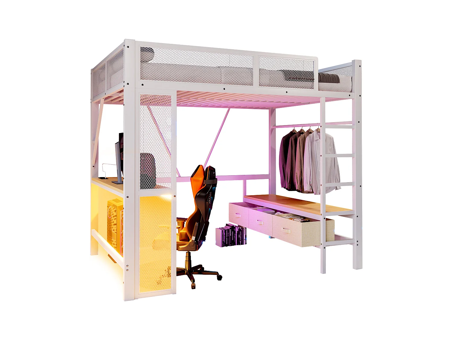 Lit mezzanine en métal 140x200 cm - avec LED et port USB - Bureau et tringle à vêtement - avec 3 tiroirs - Blanc (matelas non inclus)
