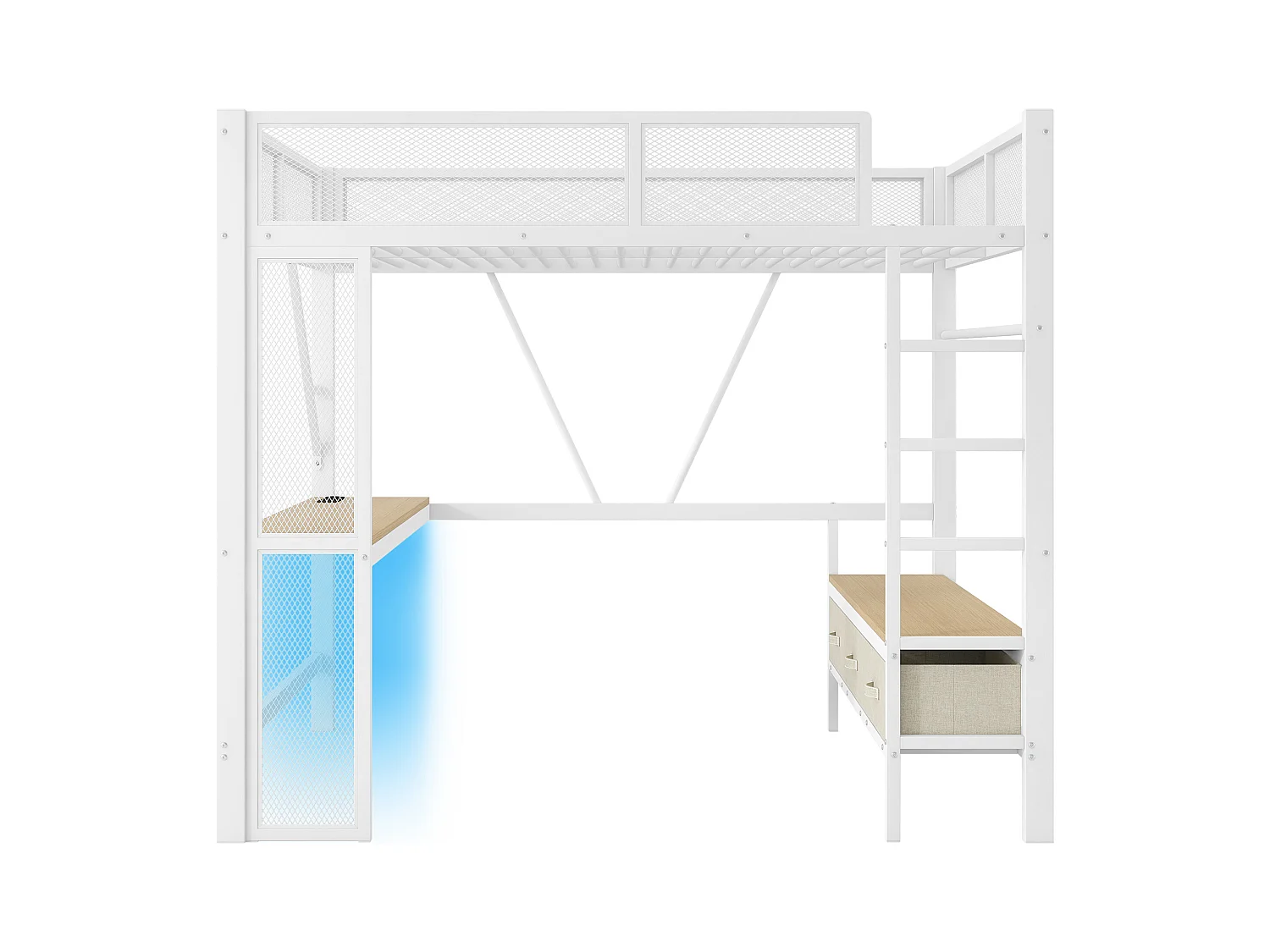 Lit mezzanine en métal 140x200 cm - avec LED et port USB - Bureau et tringle à vêtement - avec 3 tiroirs - Blanc (matelas non inclus)