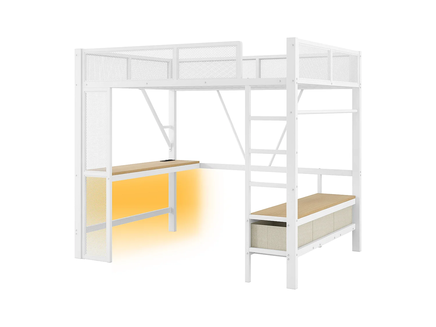 Lit mezzanine en métal 140x200 cm - avec LED et port USB - Bureau et tringle à vêtement - avec 3 tiroirs - Blanc (matelas non inclus)