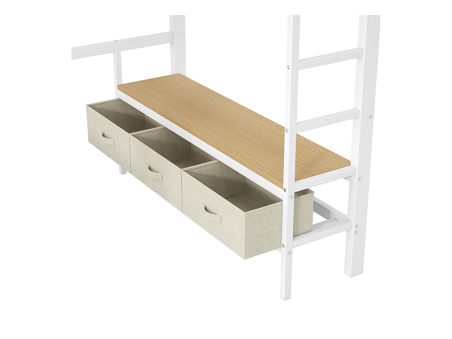 Lit mezzanine en métal 140x200 cm - avec LED et port USB - Bureau et tringle à vêtement - avec 3 tiroirs - Blanc (matelas non inclus)