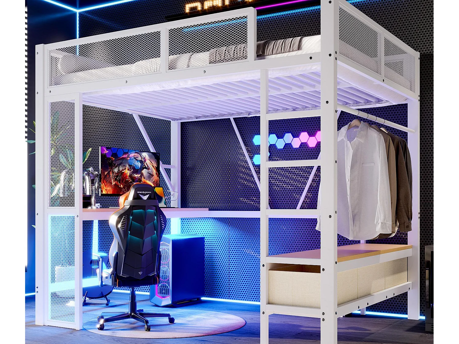 Hochbett aus Metall 140x200 cm - mit LED und USB-Anschluss - Schreibtisch und Kleiderstange - mit 3 Schubladen - Weiß (Matratze nicht inbegriffen)