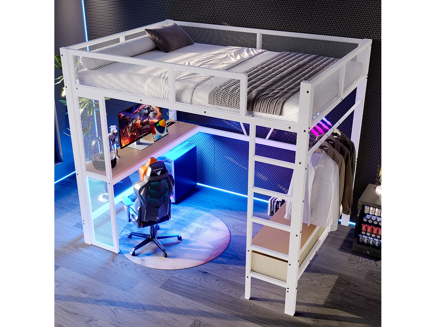 Hochbett aus Metall 140x200 cm - mit LED und USB-Anschluss - Schreibtisch und Kleiderstange - mit 3 Schubladen - Weiß (Matratze nicht inbegriffen)