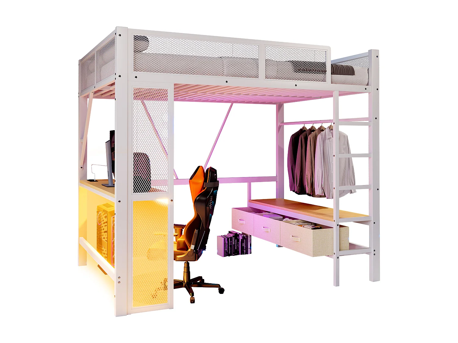 Hochbett aus Metall 140x200 cm - mit LED und USB-Anschluss - Schreibtisch und Kleiderstange - mit 3 Schubladen - Weiß (Matratze nicht inbegriffen)