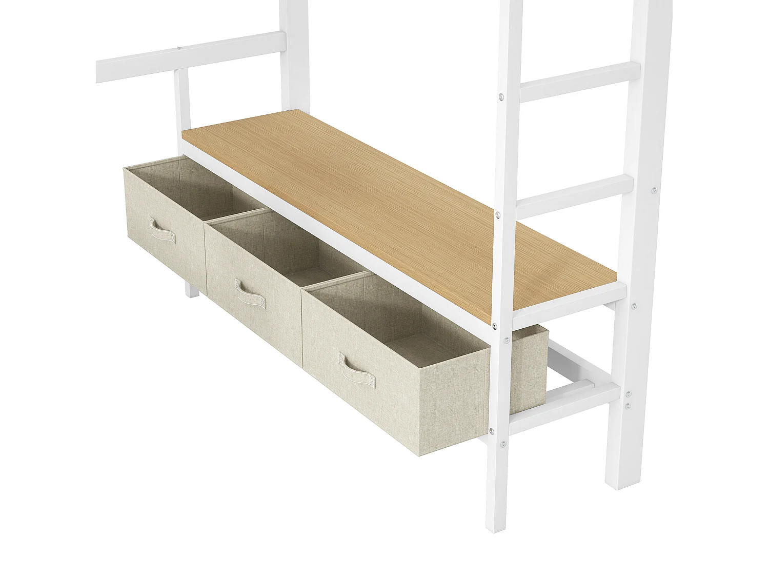 Hochbett aus Metall 140x200 cm - mit LED und USB-Anschluss - Schreibtisch und Kleiderstange - mit 3 Schubladen - Weiß (Matratze nicht inbegriffen)