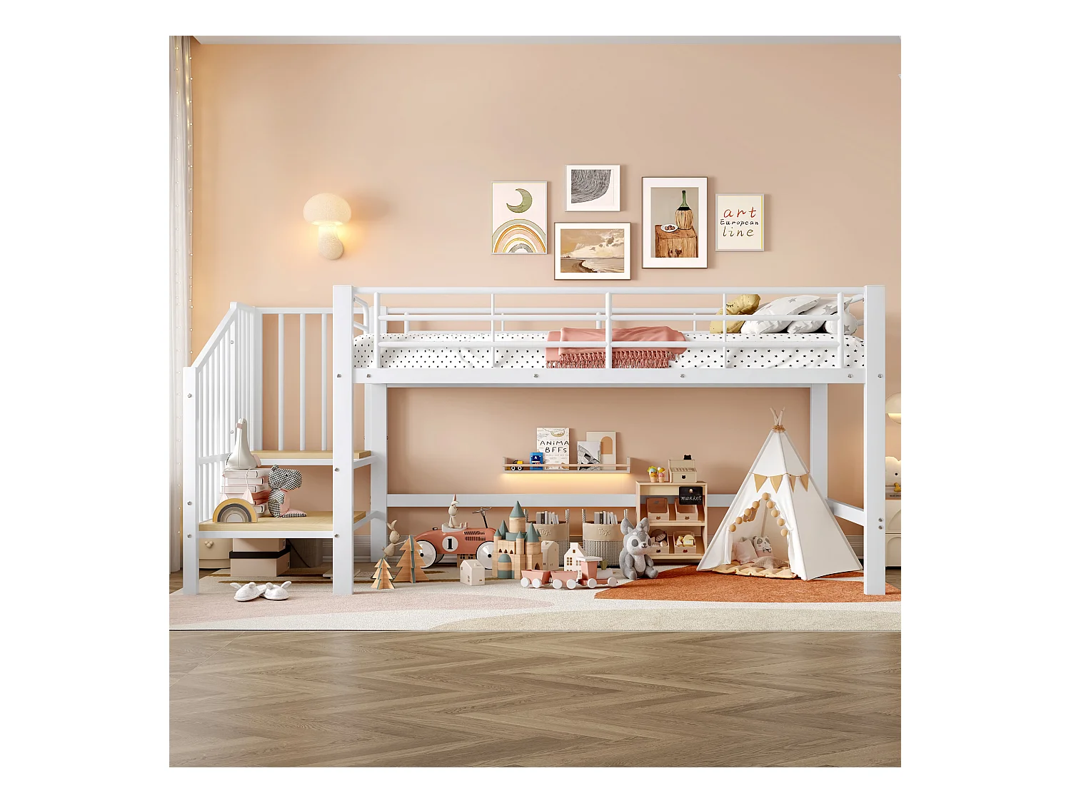 Lit mezzanine 90x200 cm - avec escalier - avec barrières de sécurité - Métal + MDF - Blanc (matelas non inclus)