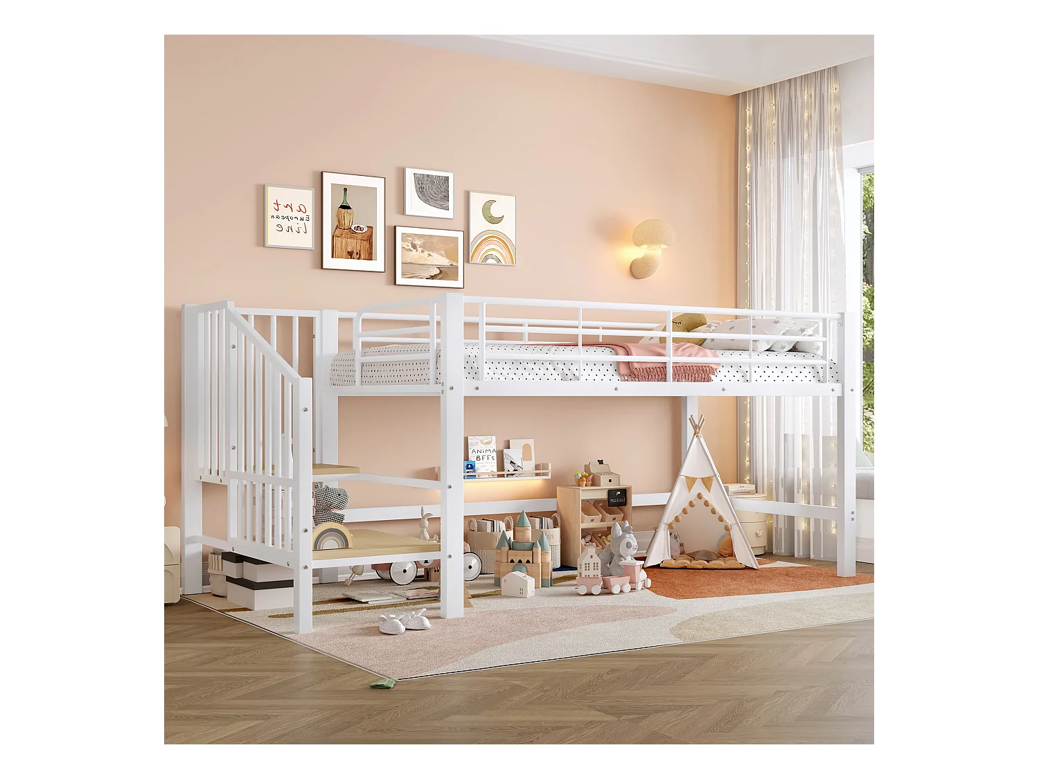 Lit mezzanine 90x200 cm - avec escalier - avec barrières de sécurité - Métal + MDF - Blanc (matelas non inclus)