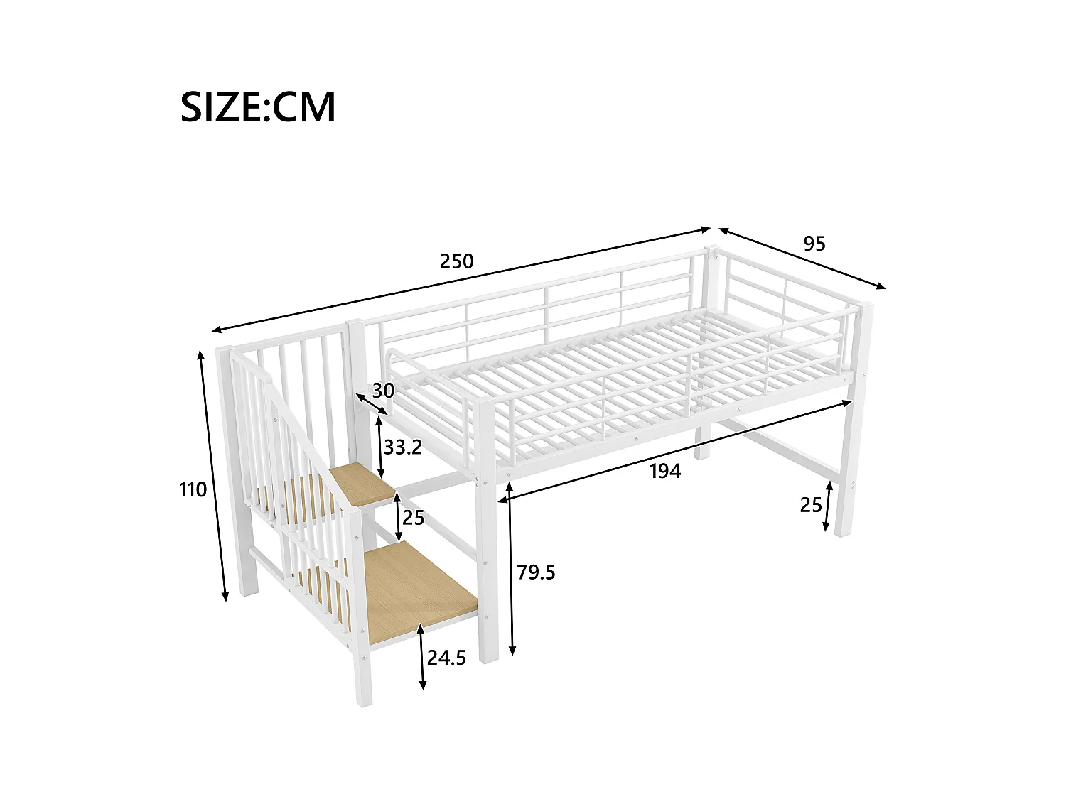 Lit mezzanine 90x200 cm - avec escalier - avec barrières de sécurité - Métal + MDF - Blanc (matelas non inclus)