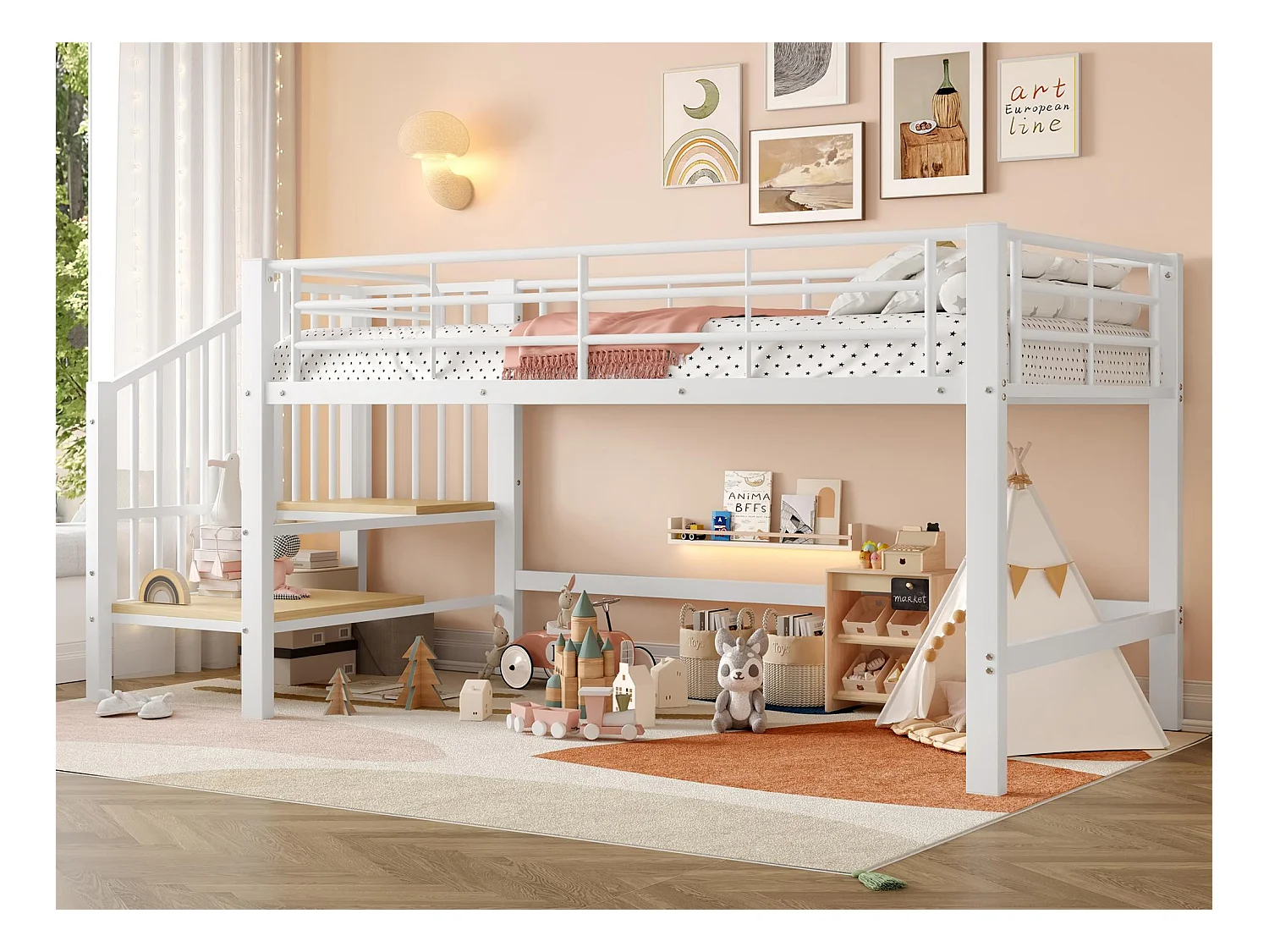 Hochbett 90x200 cm - mit Treppe - mit Sicherheitsgittern - Metall + MDF - Weiß (Matratze nicht inbegriffen)