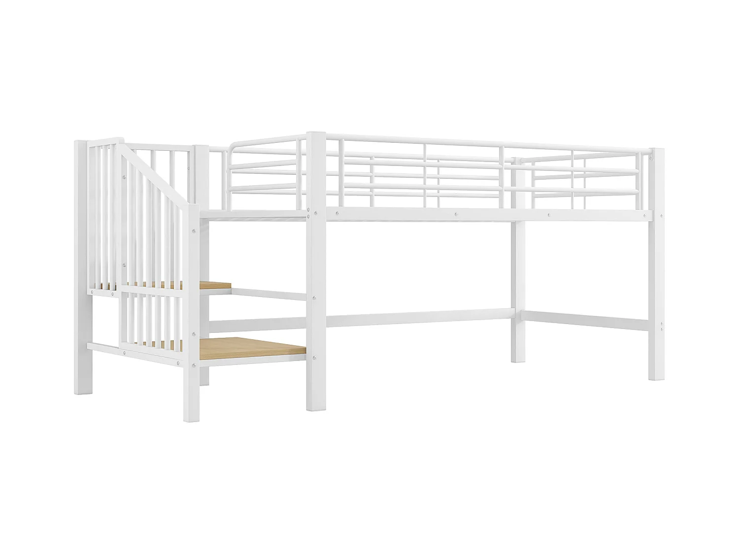 Hochbett 90x200 cm - mit Treppe - mit Sicherheitsgittern - Metall + MDF - Weiß (Matratze nicht inbegriffen)