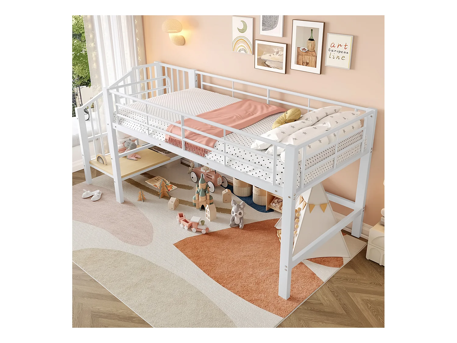 Hochbett 90x200 cm - mit Treppe - mit Sicherheitsgittern - Metall + MDF - Weiß (Matratze nicht inbegriffen)