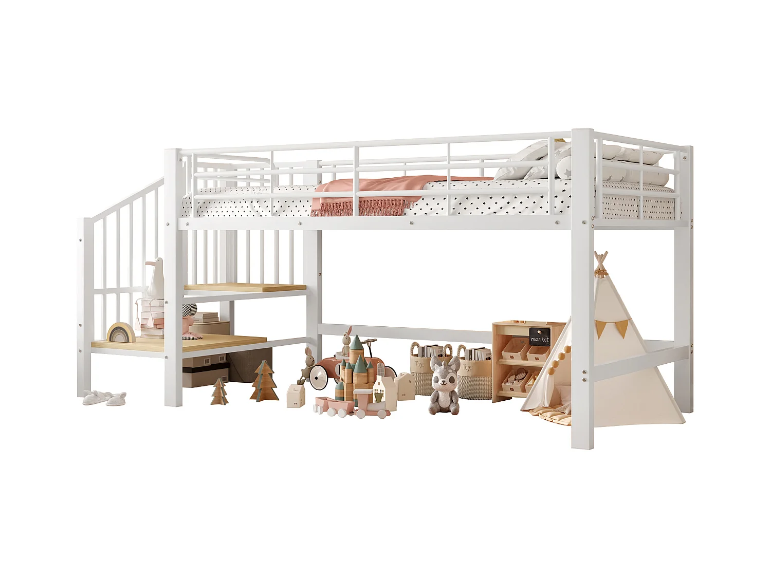 Hochbett 90x200 cm - mit Treppe - mit Sicherheitsgittern - Metall + MDF - Weiß (Matratze nicht inbegriffen)