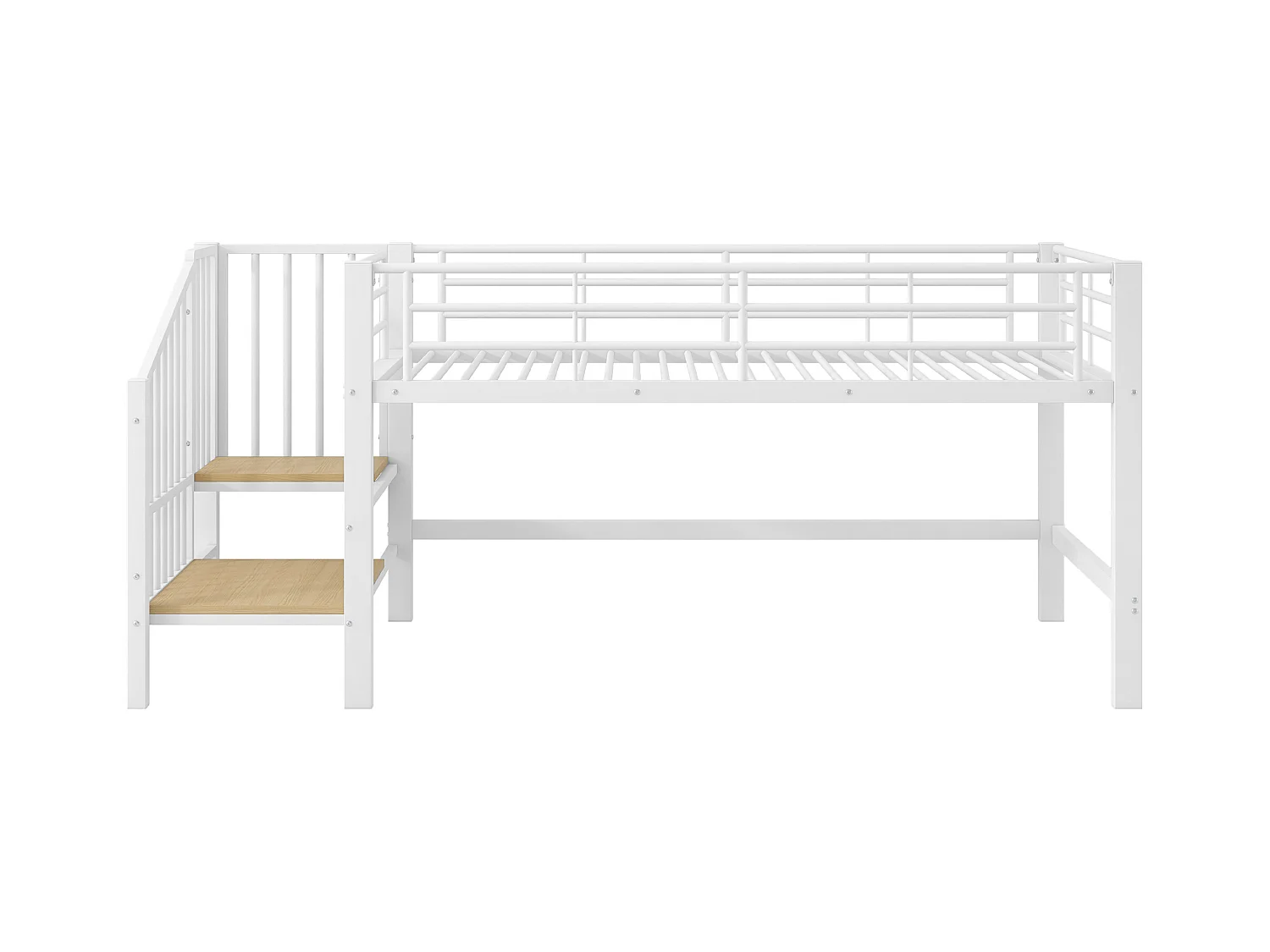 Hochbett 90x200 cm - mit Treppe - mit Sicherheitsgittern - Metall + MDF - Weiß (Matratze nicht inbegriffen)
