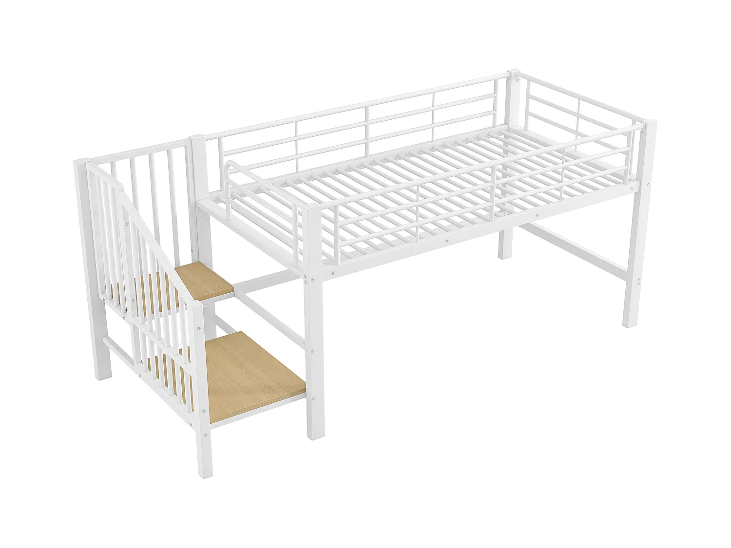 Hochbett 90x200 cm - mit Treppe - mit Sicherheitsgittern - Metall + MDF - Weiß (Matratze nicht inbegriffen)