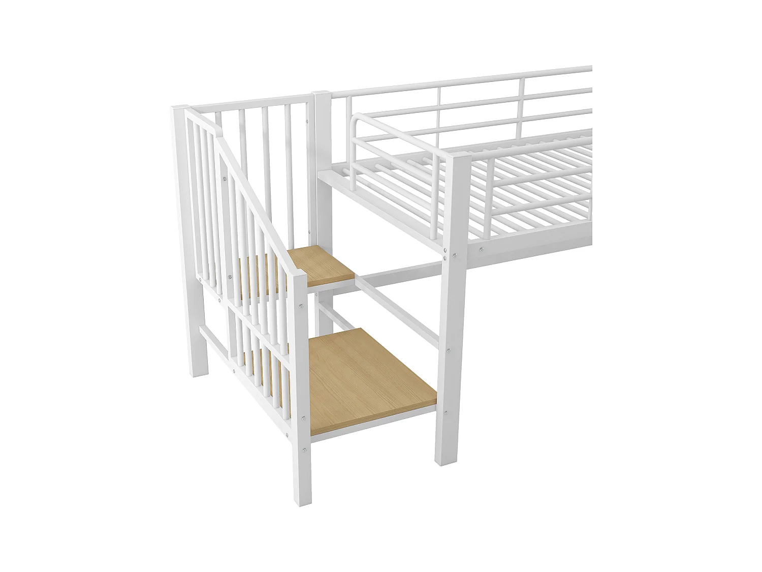 Hochbett 90x200 cm - mit Treppe - mit Sicherheitsgittern - Metall + MDF - Weiß (Matratze nicht inbegriffen)