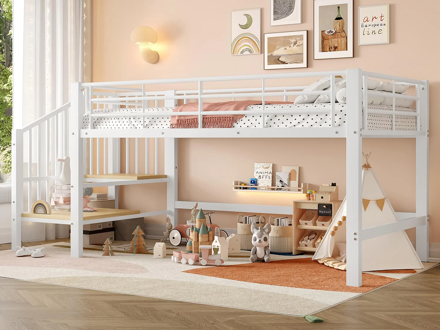 Lit mezzanine 90x200 cm - avec escalier - avec barrières de sécurité - Métal + MDF - Blanc (matelas non inclus)