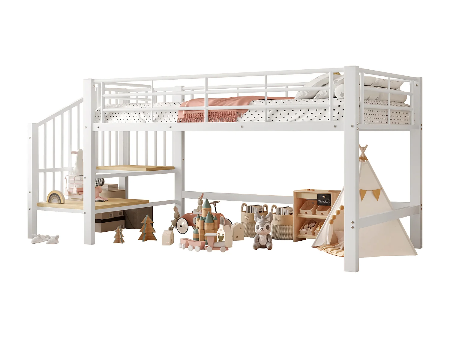 Lit mezzanine 90x200 cm - avec escalier - avec barrières de sécurité - Métal + MDF - Blanc (matelas non inclus)