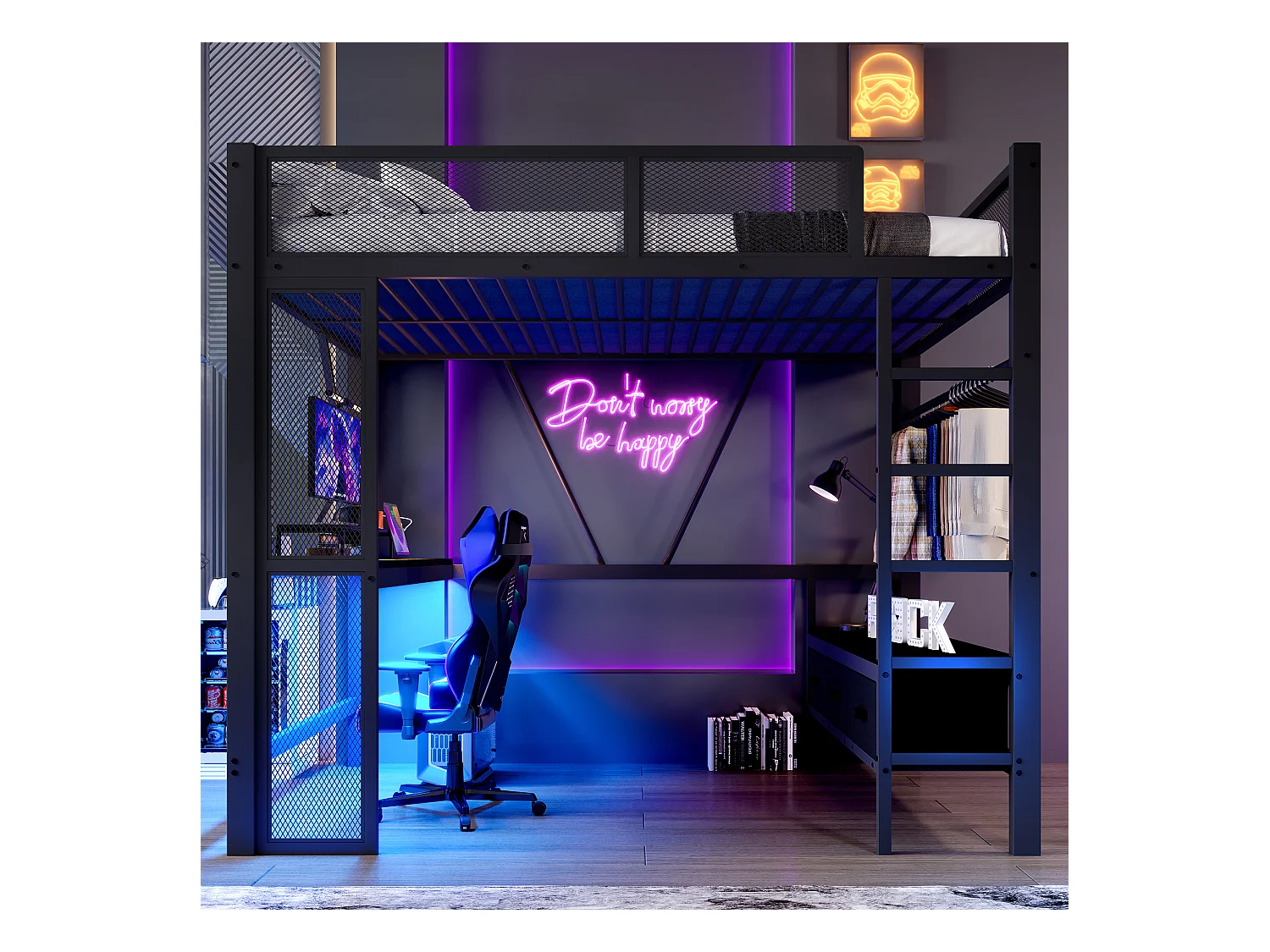 Lit mezzanine en métal 140x200 cm - avec LED et port USB - Bureau et tringle à vêtement - avec 3 tiroirs - Noir (matelas non inclus)