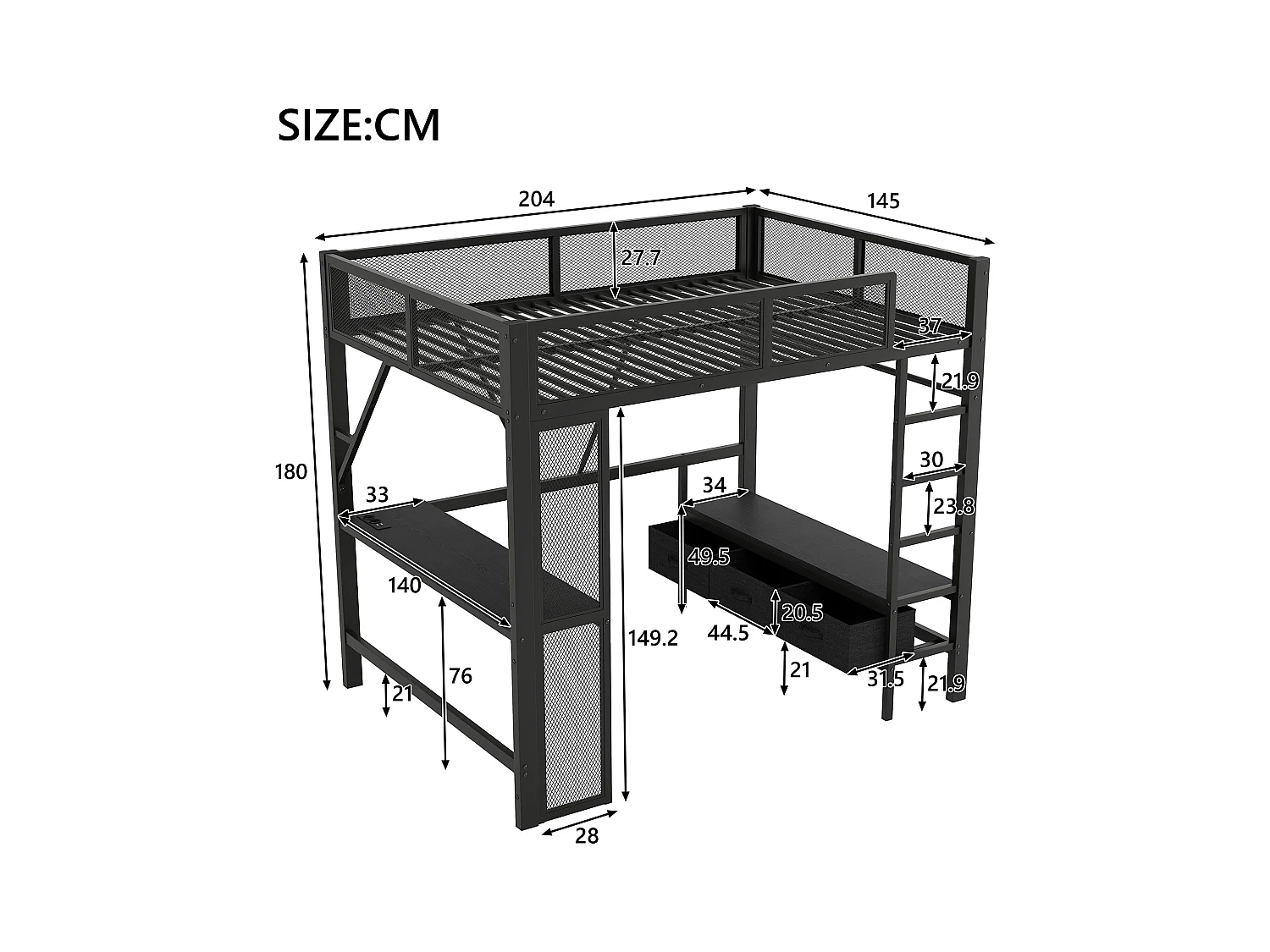 Lit mezzanine en métal 140x200 cm - avec LED et port USB - Bureau et tringle à vêtement - avec 3 tiroirs - Noir (matelas non inclus)