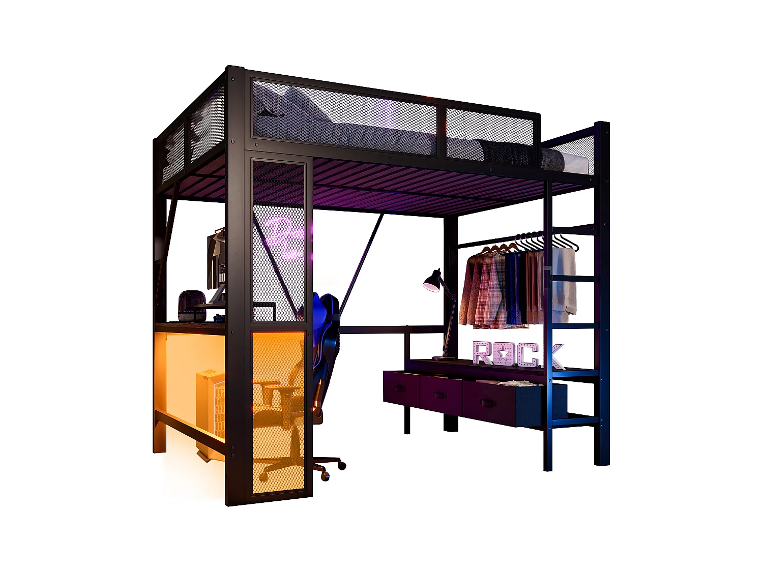 Lit mezzanine en métal 140x200 cm - avec LED et port USB - Bureau et tringle à vêtement - avec 3 tiroirs - Noir (matelas non inclus)