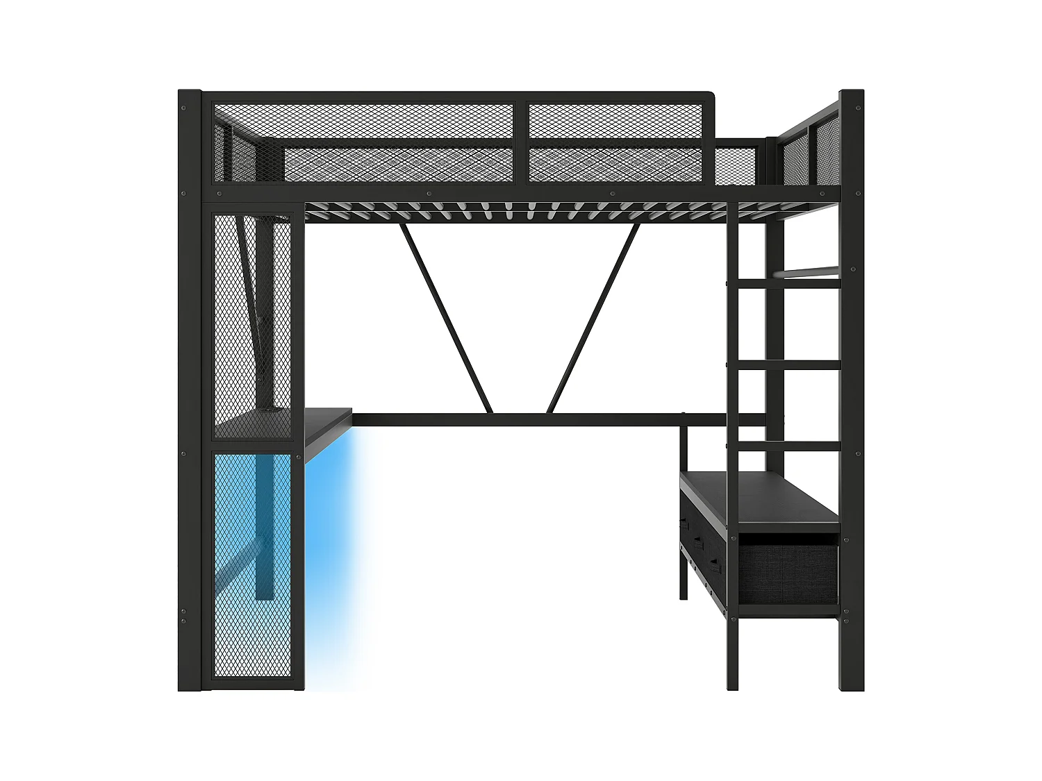 Lit mezzanine en métal 140x200 cm - avec LED et port USB - Bureau et tringle à vêtement - avec 3 tiroirs - Noir (matelas non inclus)